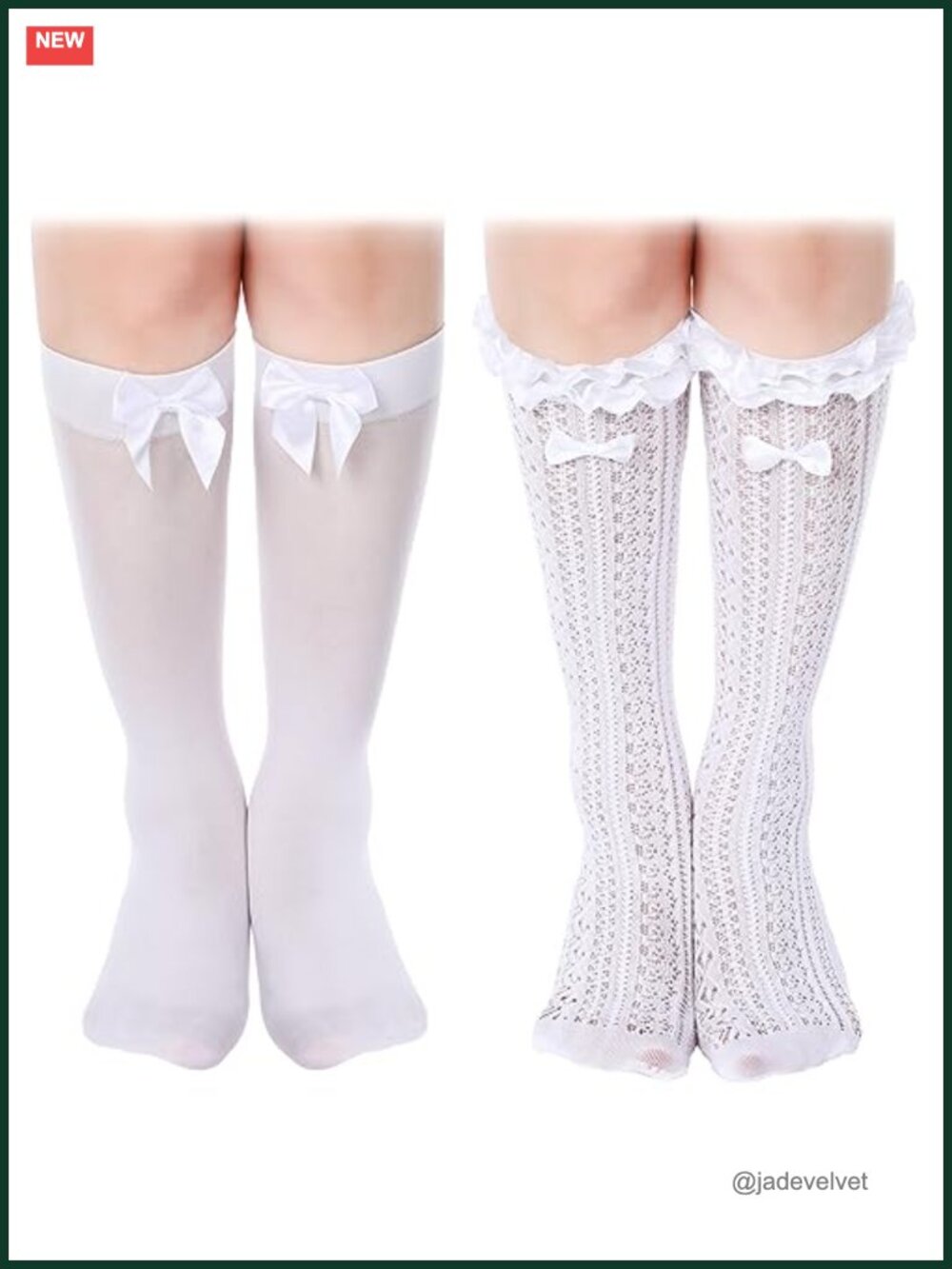 2 Pair Knee High Socks with Lace Trim and Bow Detail